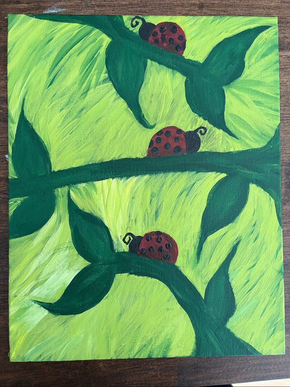 Hand-Painted Ladybug Canvas Wall Art in Green and Red